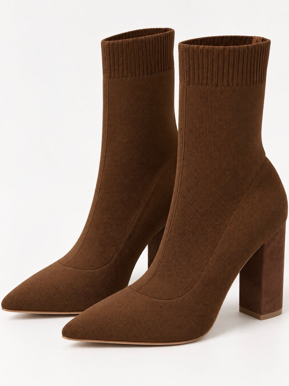 Women's Brown Knit Sock Heeled Boots - Block Heel